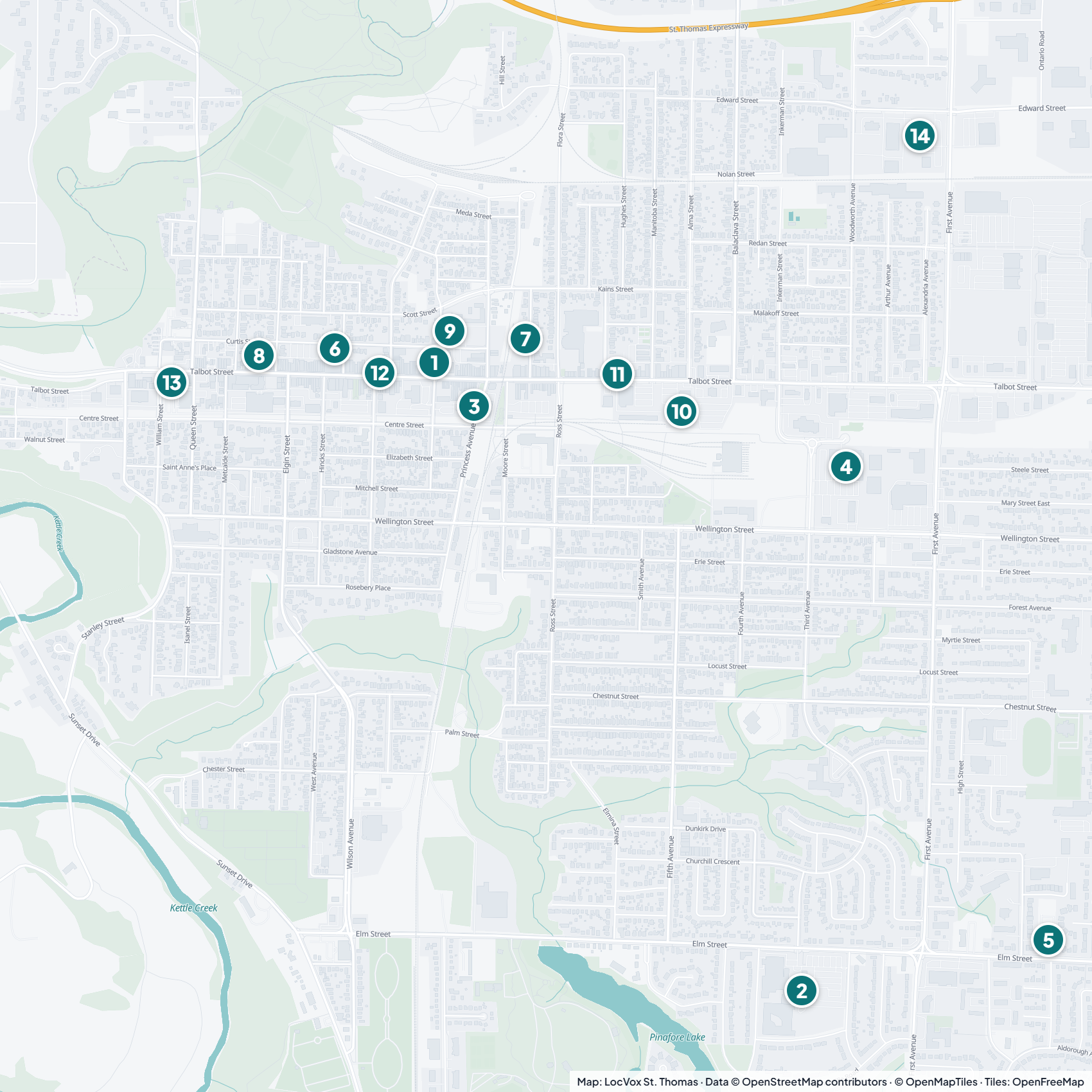 Map of St. Thomas showing numbered locations of the services listed on this page