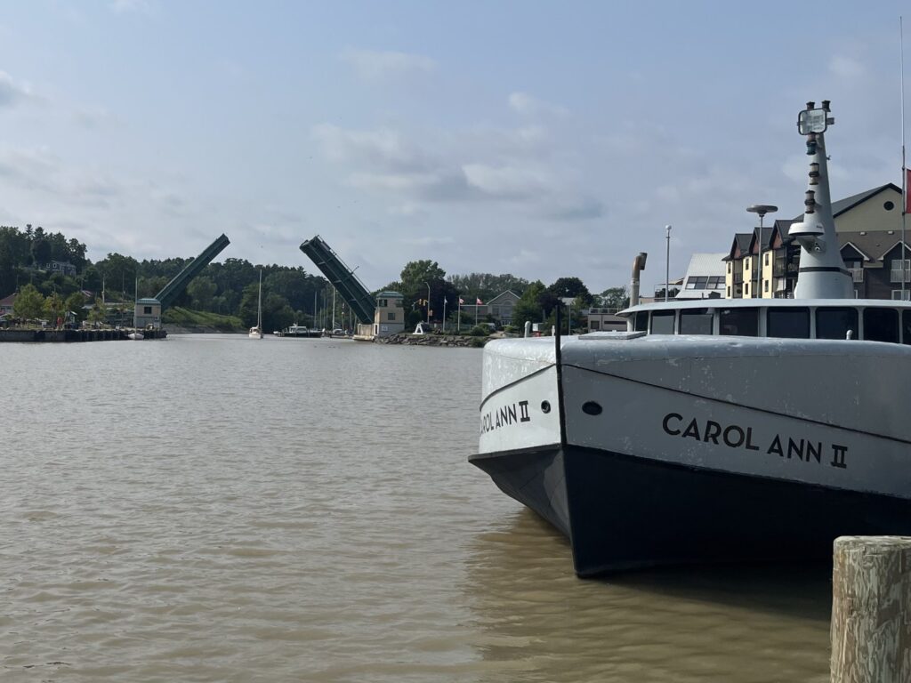 The fish tug Carol Ann II moored on Kettle Creek at Port Stanley, with the King George VI lift bridge raised in the background