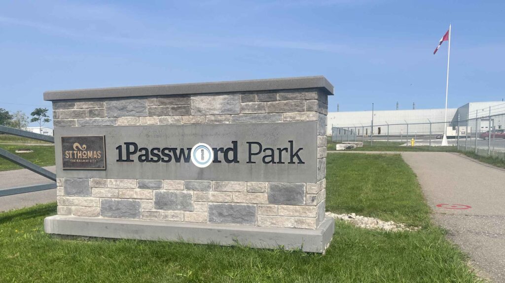 The 1Password Park entrance sign on Burwell Road in St. Thomas