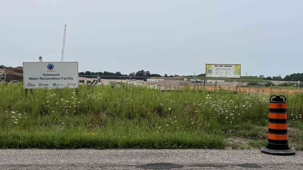 The project sign and early construction work at the Dalewood Water Reclamation Facility site in St. Thomas