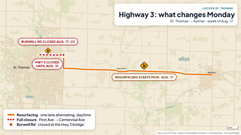 Map of Highway 3 between St. Thomas and Aylmer highlighting the 13 km resurfacing zone starting Aug. 17, the full closure between First Avenue and Centennial Avenue until Aug. 31, and the Burwell Road closure Aug. 17 to 23