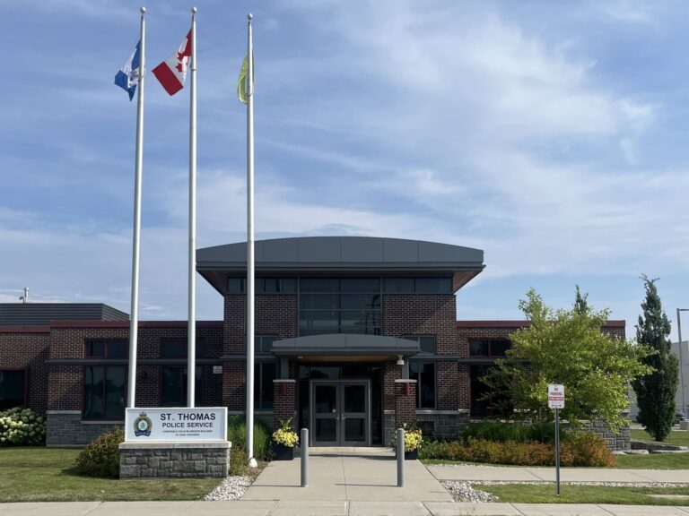 St. Thomas Police Service headquarters, the Constable Colin McGregor Building at 45 Caso Crossing, with three flags in front