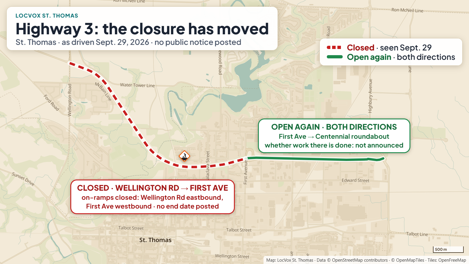 Map of Highway 3 through St. Thomas on September 29, 2026: closed from Wellington Road east to First Avenue, with the eastbound on-ramp from Wellington Road and the westbound on-ramp from First Avenue closed, and open again in both directions from First Avenue east to the Centennial Avenue roundabout