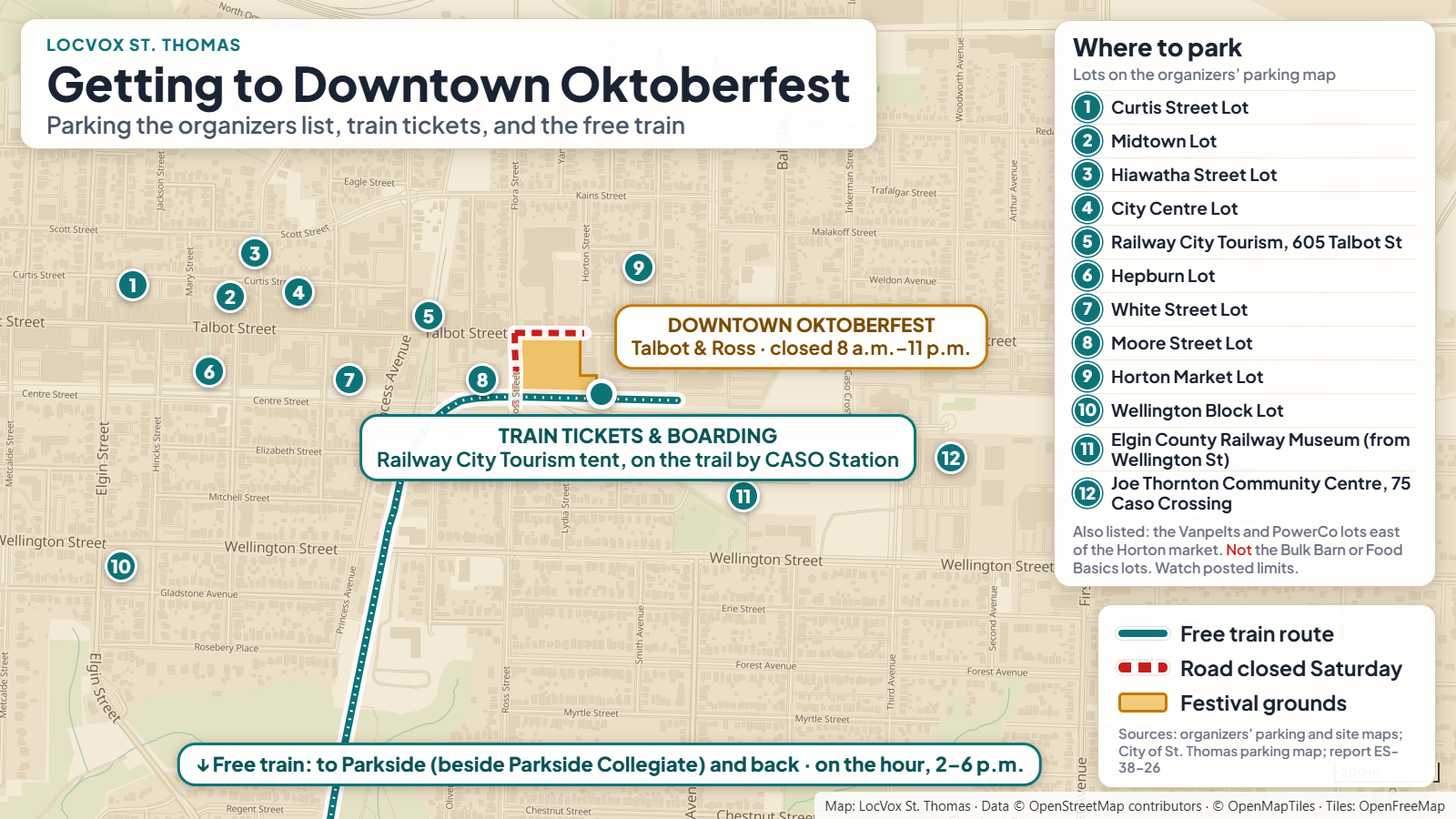 Map of downtown St. Thomas showing the twelve parking lots on the Oktoberfest parking map, the Railway City Tourism ticket tent by CASO Station, the festival grounds and the free train route heading south toward Parkside