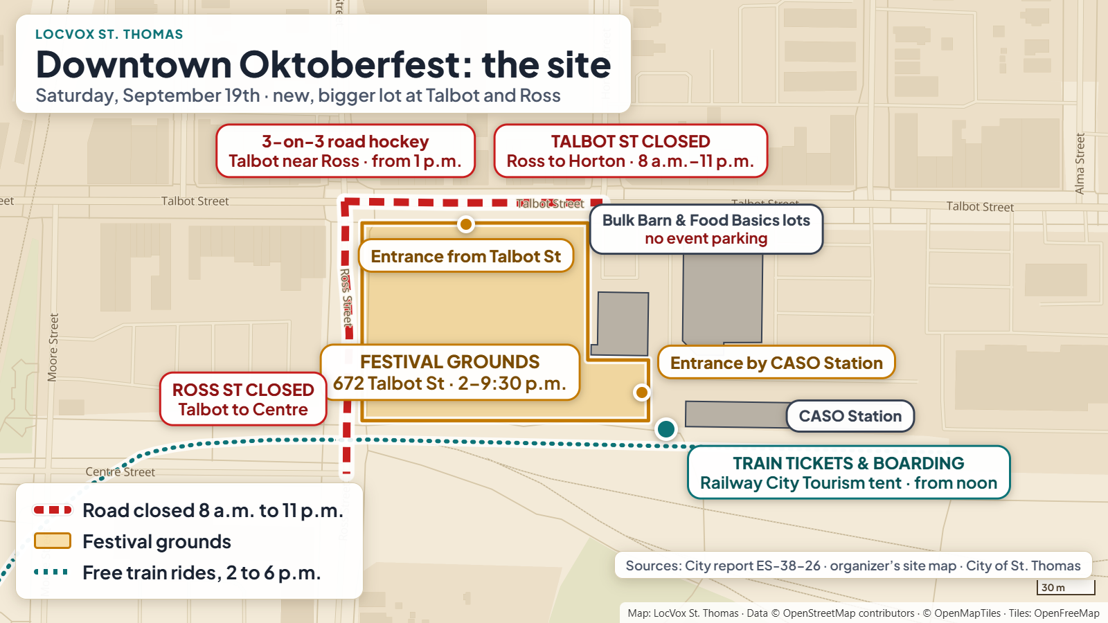 Map of the Downtown Oktoberfest site: Talbot Street closed from Ross to Horton and Ross Street from Talbot to Centre, festival grounds at 672 Talbot Street, entrances, road hockey on Talbot near Ross, and the train ticket tent on the trail